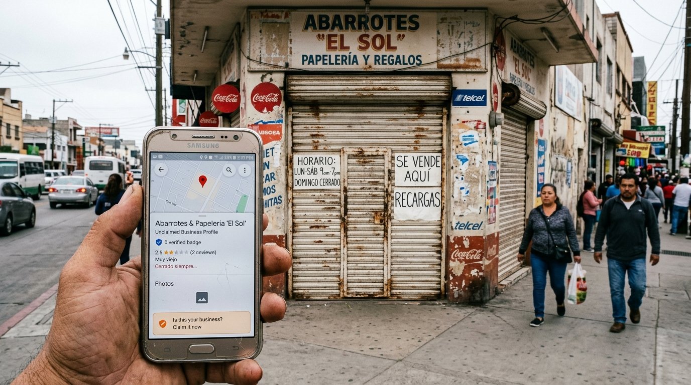 Ilustración 3D de un negocio local sin verificar y descuidado en su zona donde los clientes pasan de largo