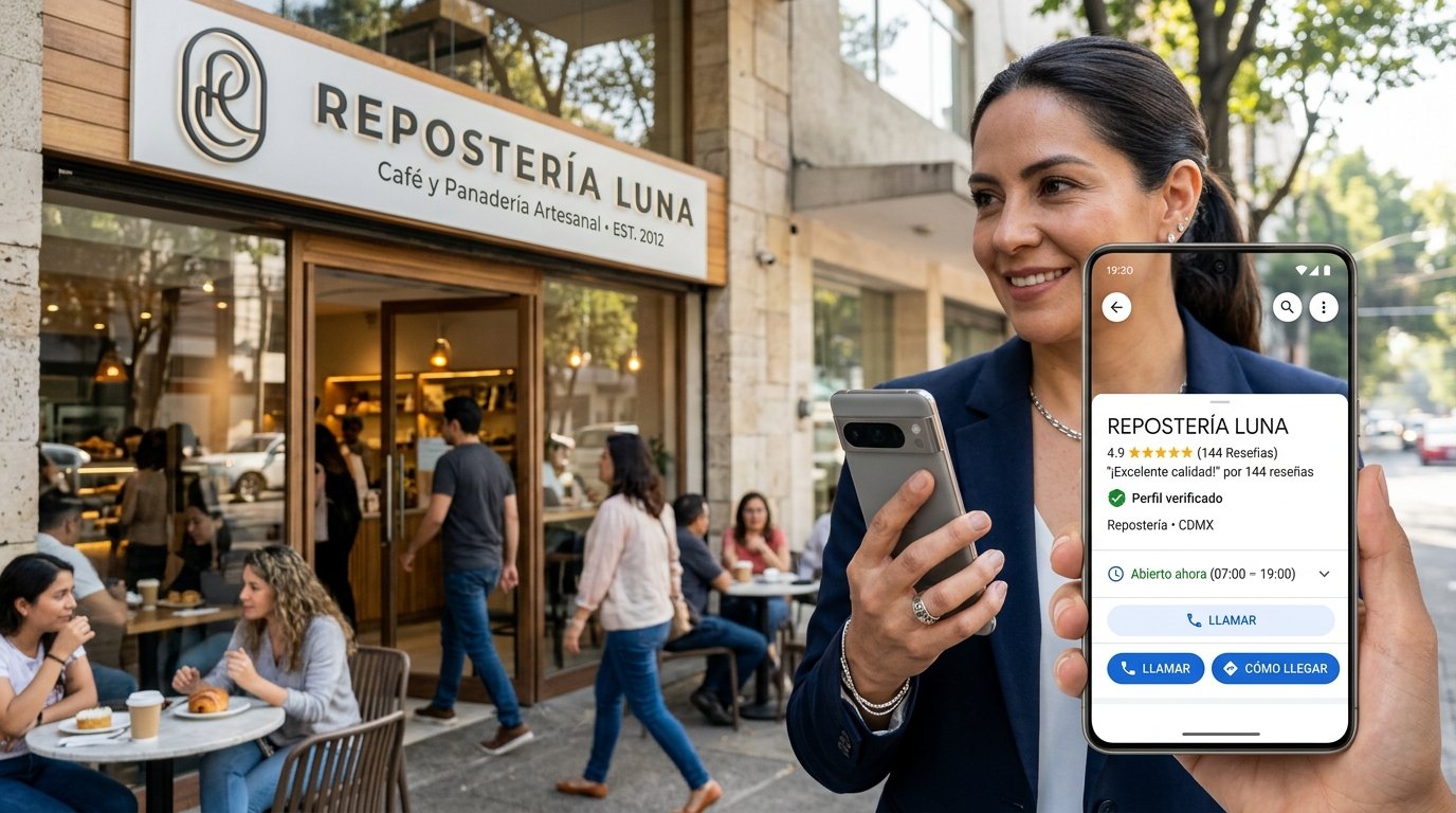 Comercio local verificado destacando en el mapa frente a su competencia y recibiendo clientes